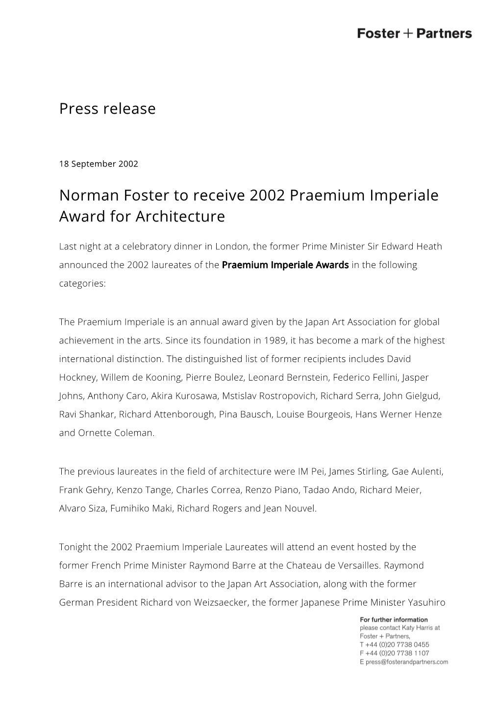 Press Release Norman Foster to Receive 2002 Praemium Imperiale