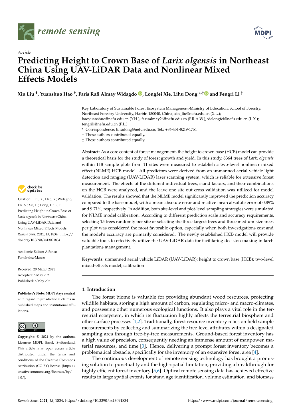 Predicting Height to Crown Base of Larix Olgensis in Northeast China Using UAV-Lidar Data and Nonlinear Mixed Effects Models