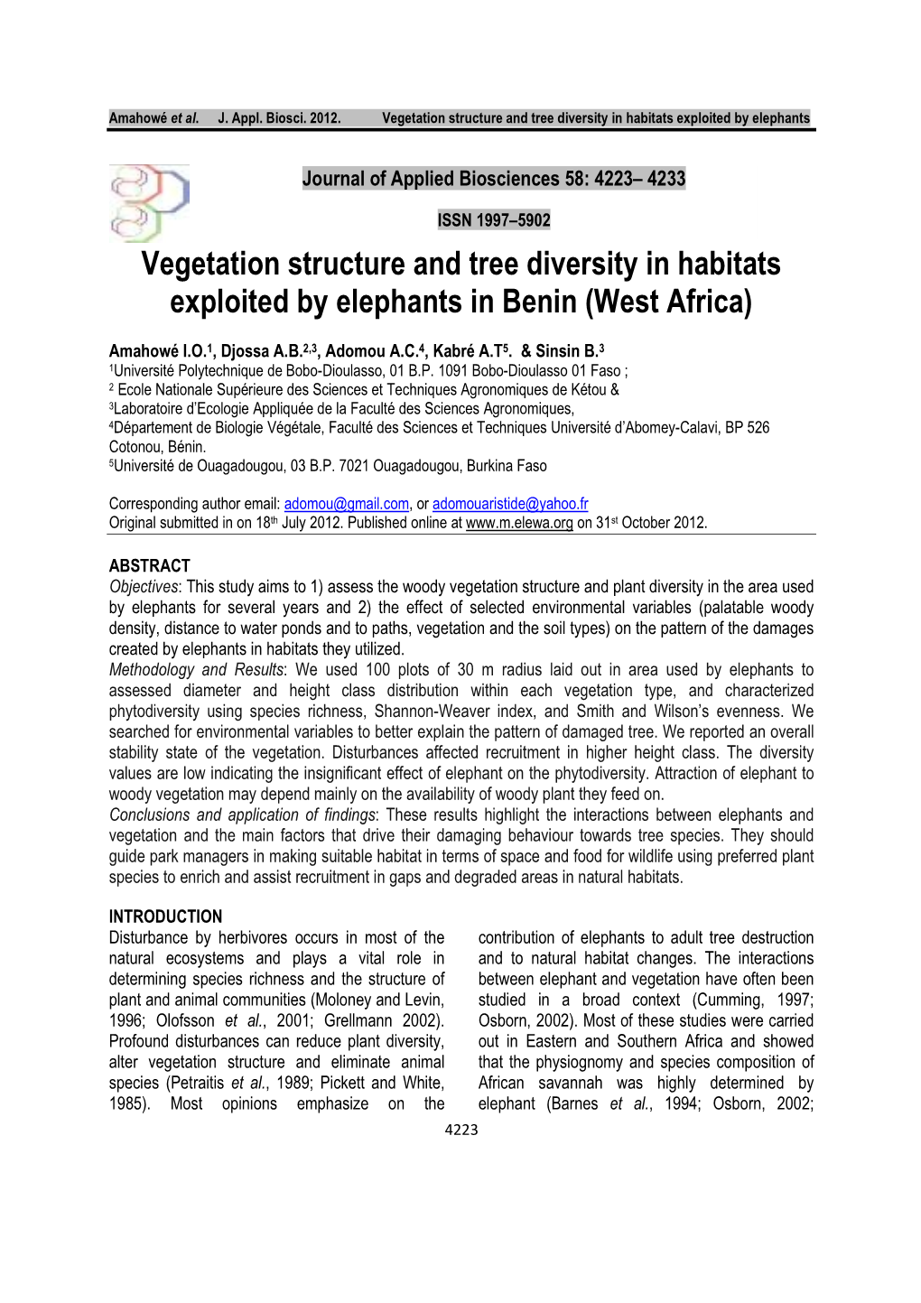 Vegetation Structure and Tree Diversity in Habitats Exploited By