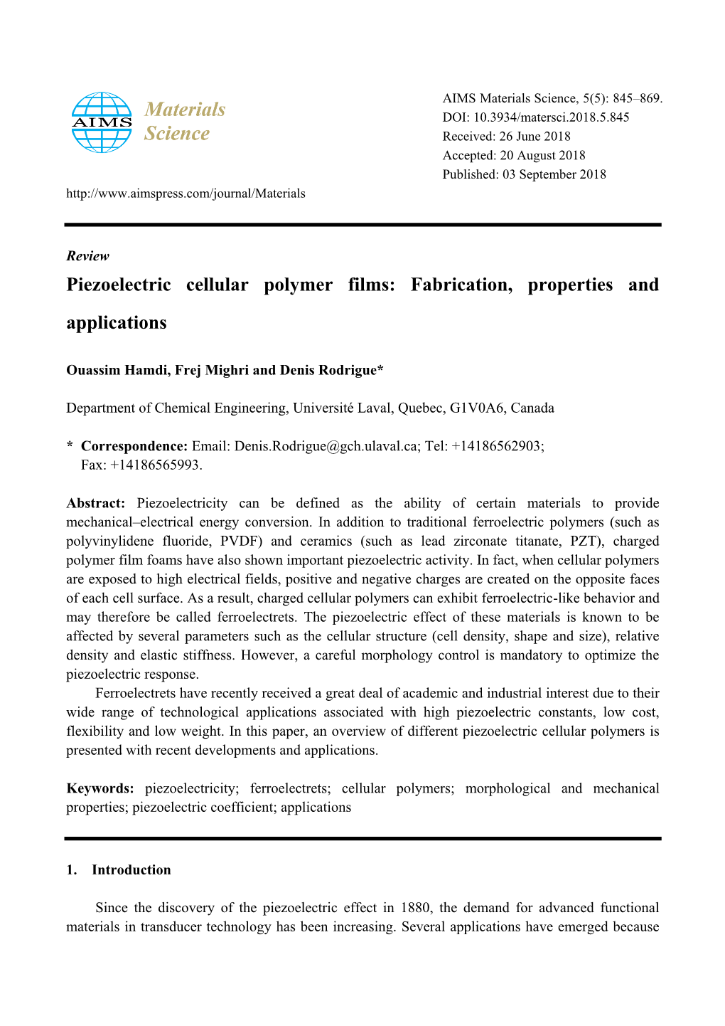 Piezoelectric Cellular Polymer Films: Fabrication, Properties and Applications