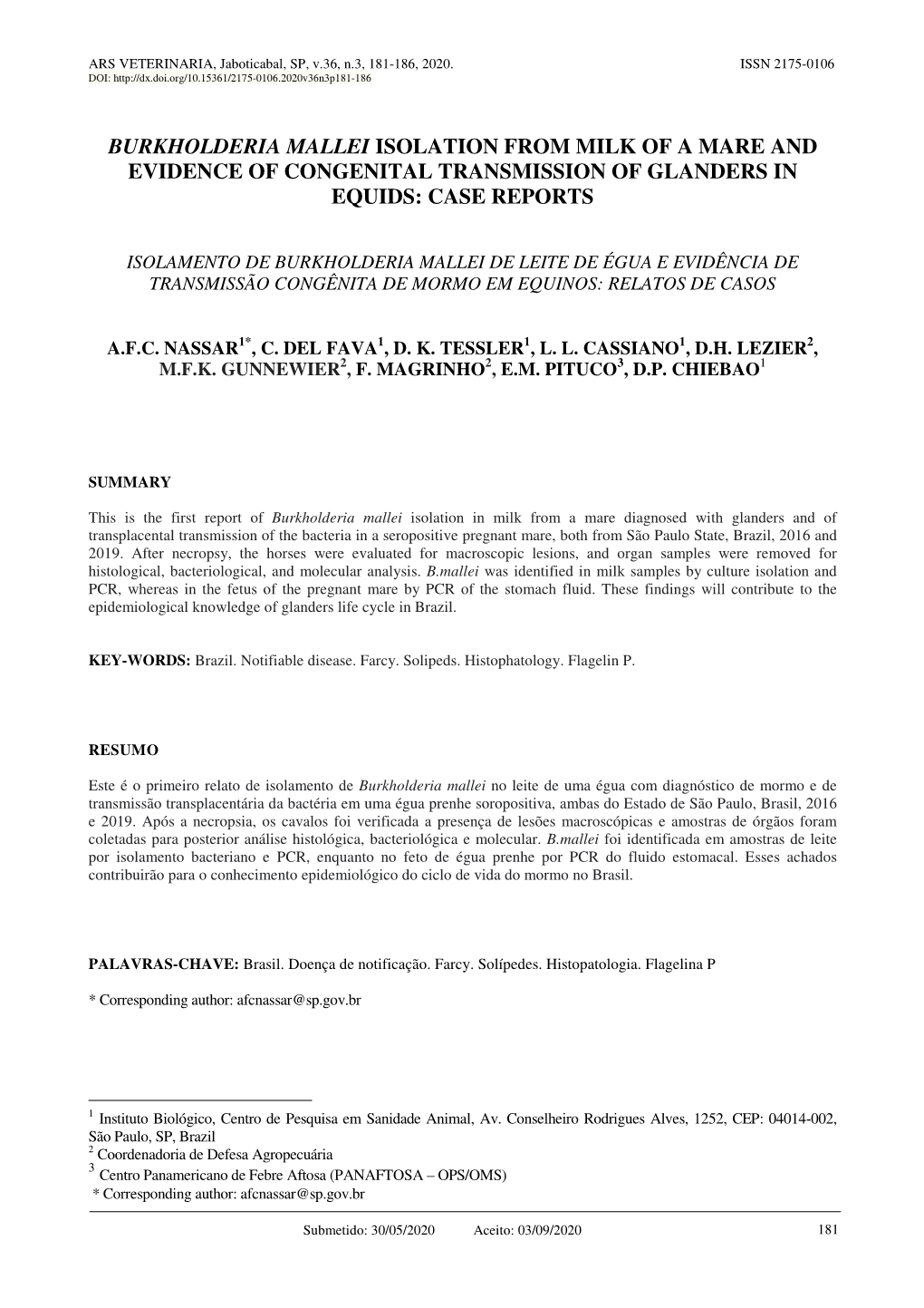 Burkholderia Mallei Isolation from Milk of a Mare and Evidence of Congenital Transmission of Glanders in Equids: Case Reports