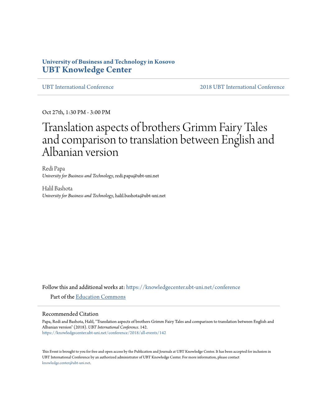 Translation Aspects of Brothers Grimm Fairy Tales and Comparison To