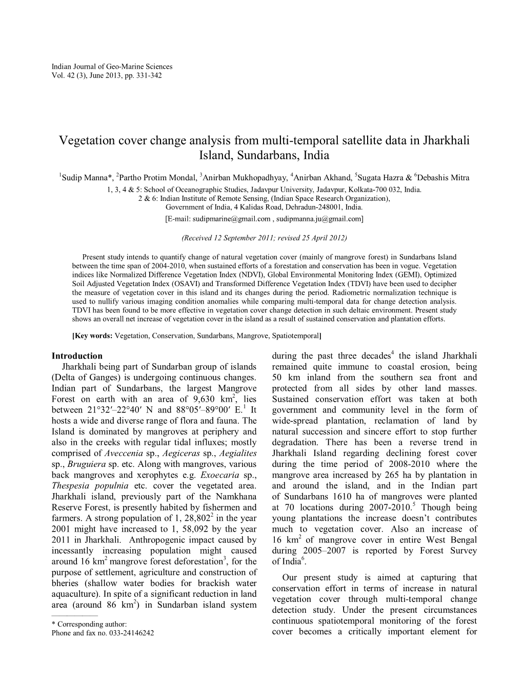 Vegetation Cover Change Analysis from Multi-Temporal Satellite Data in Jharkhali Island, Sundarbans, India