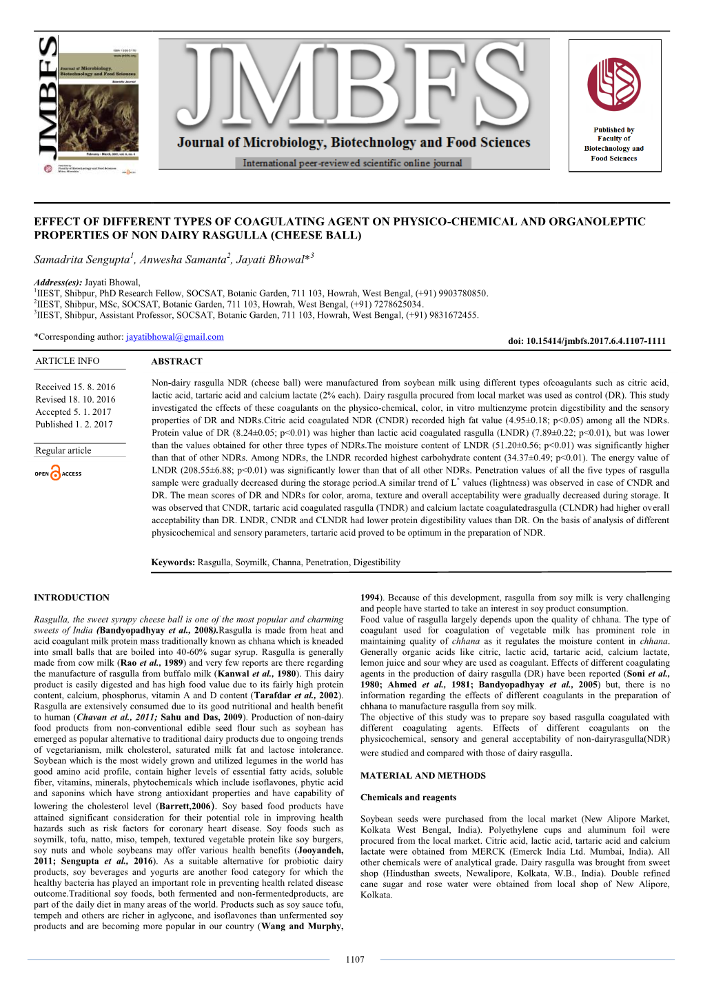 Effect of Different Types of Coagulating Agent on Physico-Chemical and Organoleptic Properties of Non Dairy Rasgulla (Cheese Ball)