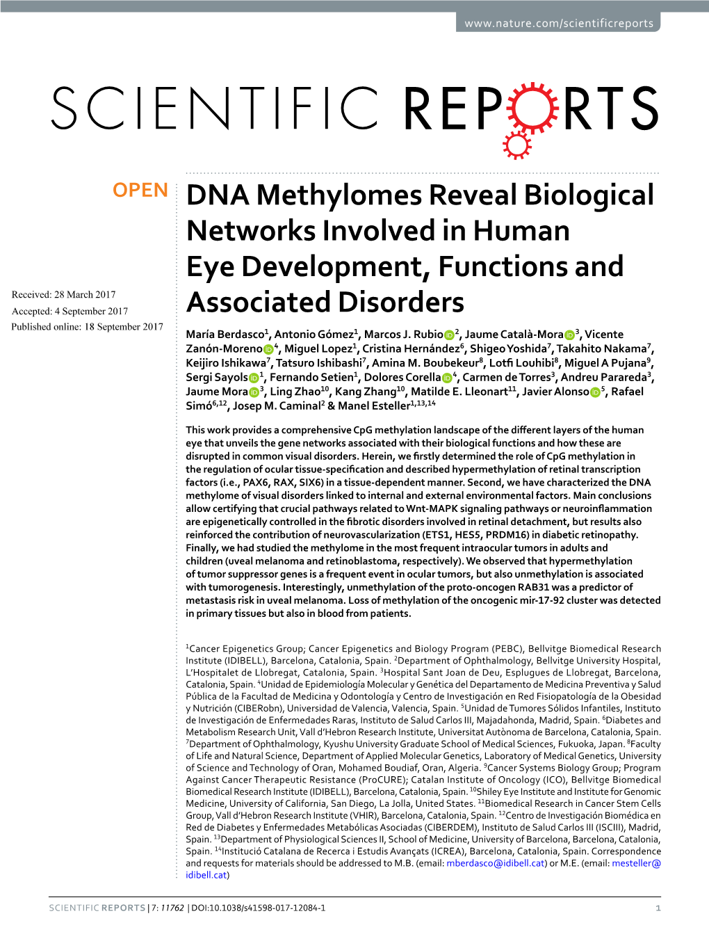 DNA Methylomes Reveal Biological Networks Involved in Human Eye Development, Functions and Associated Disorders