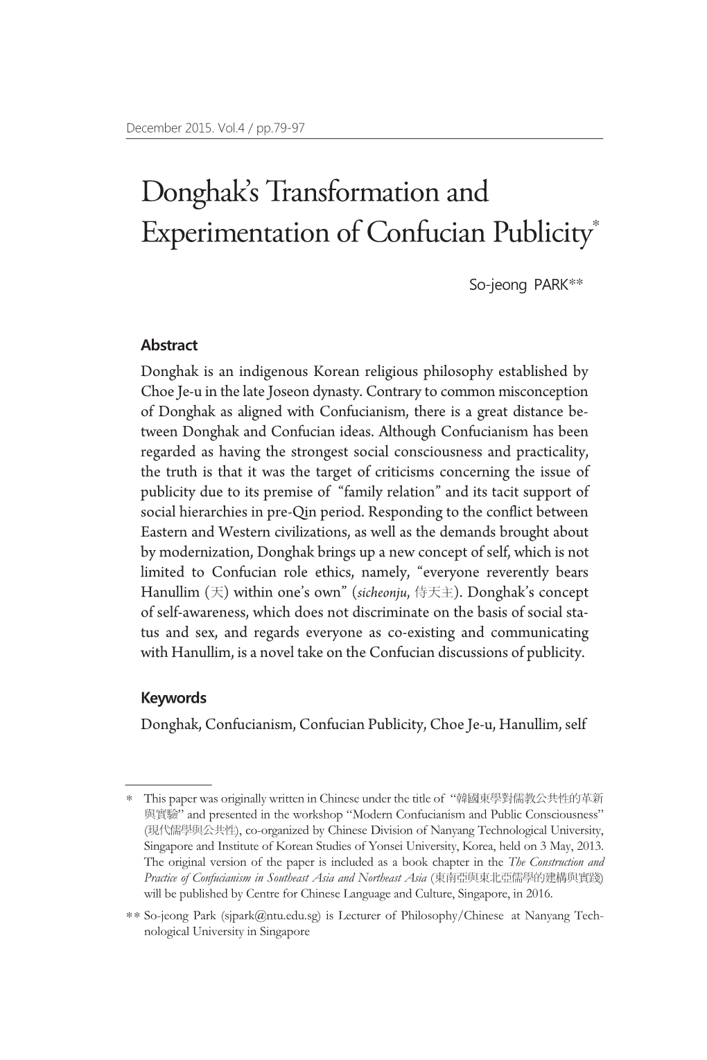 Donghak's Transformation and Experimentation of Confucian