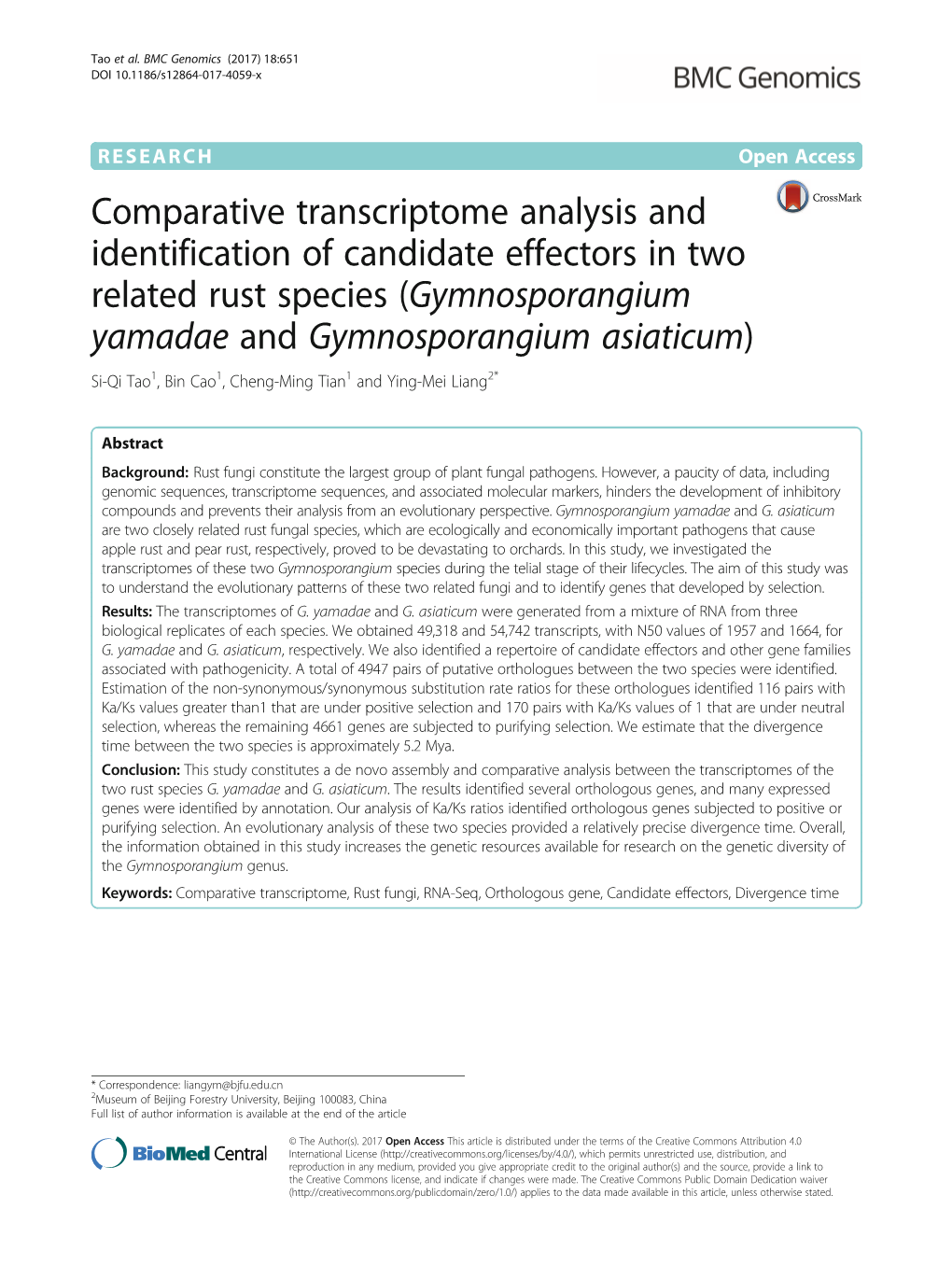 Gymnosporangium Yamadae and Gymnosporangium Asiaticum) Si-Qi Tao1, Bin Cao1, Cheng-Ming Tian1 and Ying-Mei Liang2*