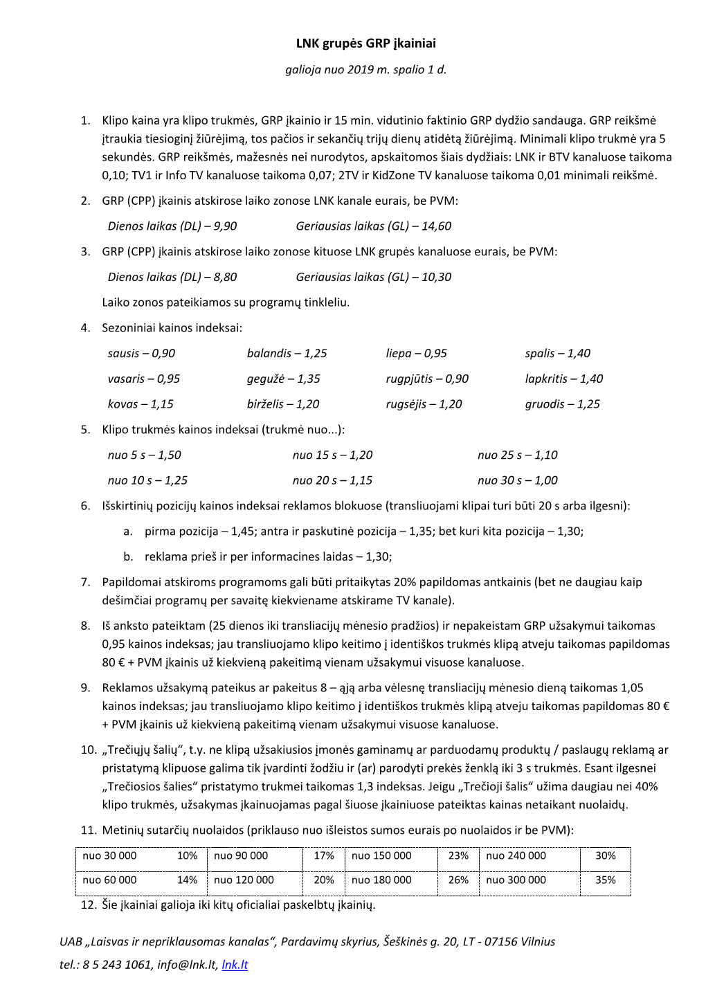 LNK Grupės GRP Įkainiai Galioja Nuo 2019 M