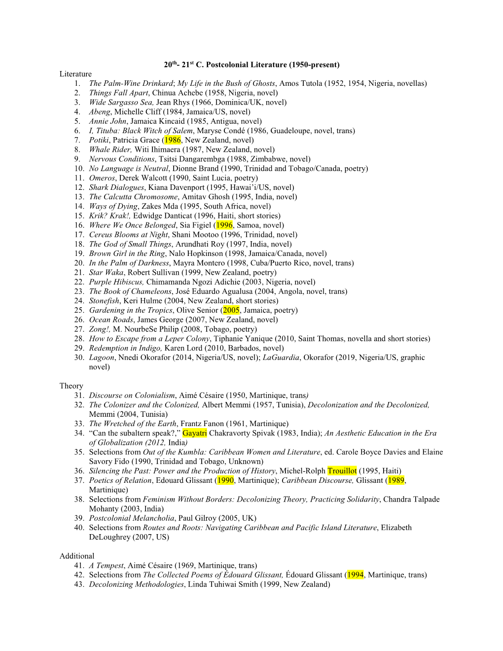 20Th- 21St C. Postcolonial Literature (1950-Present) Literature 1