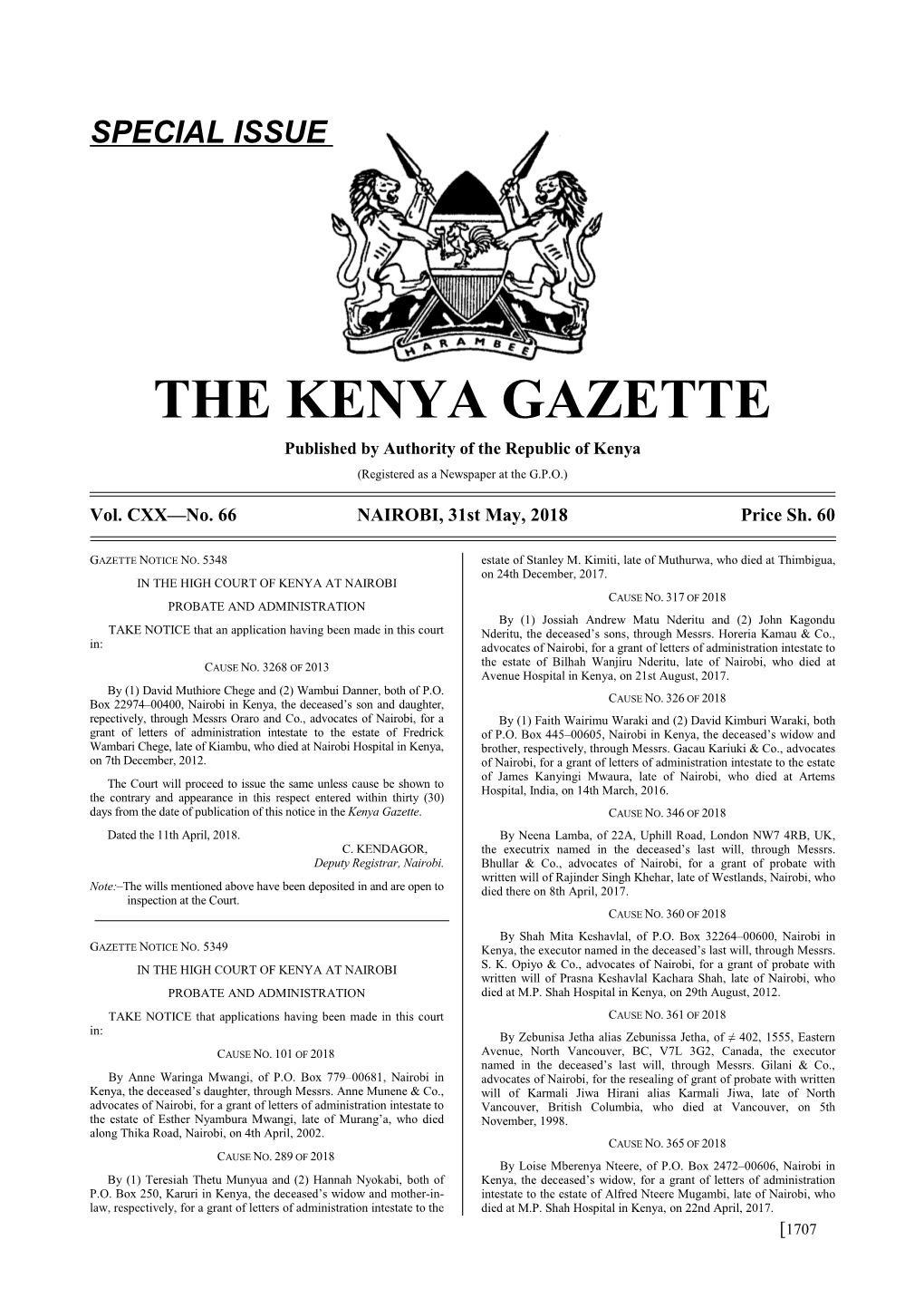 THE KENYA GAZETTE Published by Authority of the Republic of Kenya (Registered As a Newspaper at the G.P.O.)