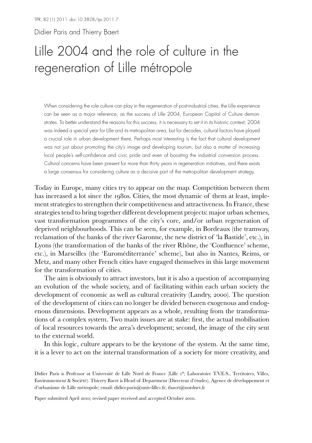 Lille 2004 and the Role of Culture in the Regeneration of Lille Métropole