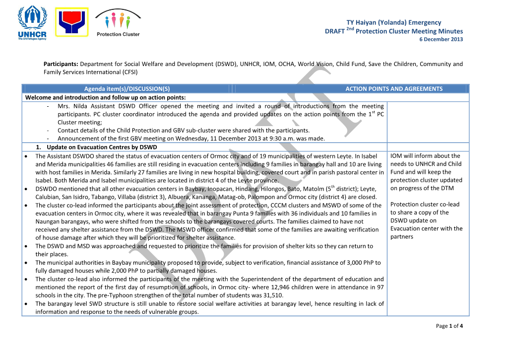 Emergency DRAFT 2Nd Protection Cluster Meeting Minutes 6 December 2013