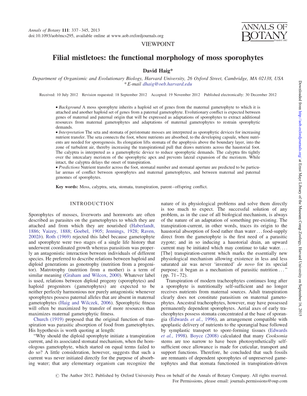 Filial Mistletoes: the Functional Morphology of Moss Sporophytes