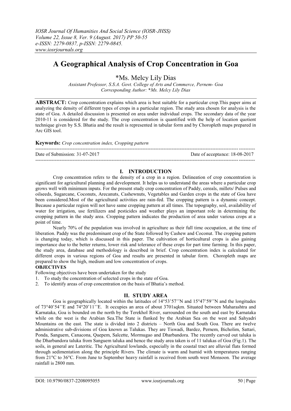 A Geographical Analysis of Crop Concentration in Goa