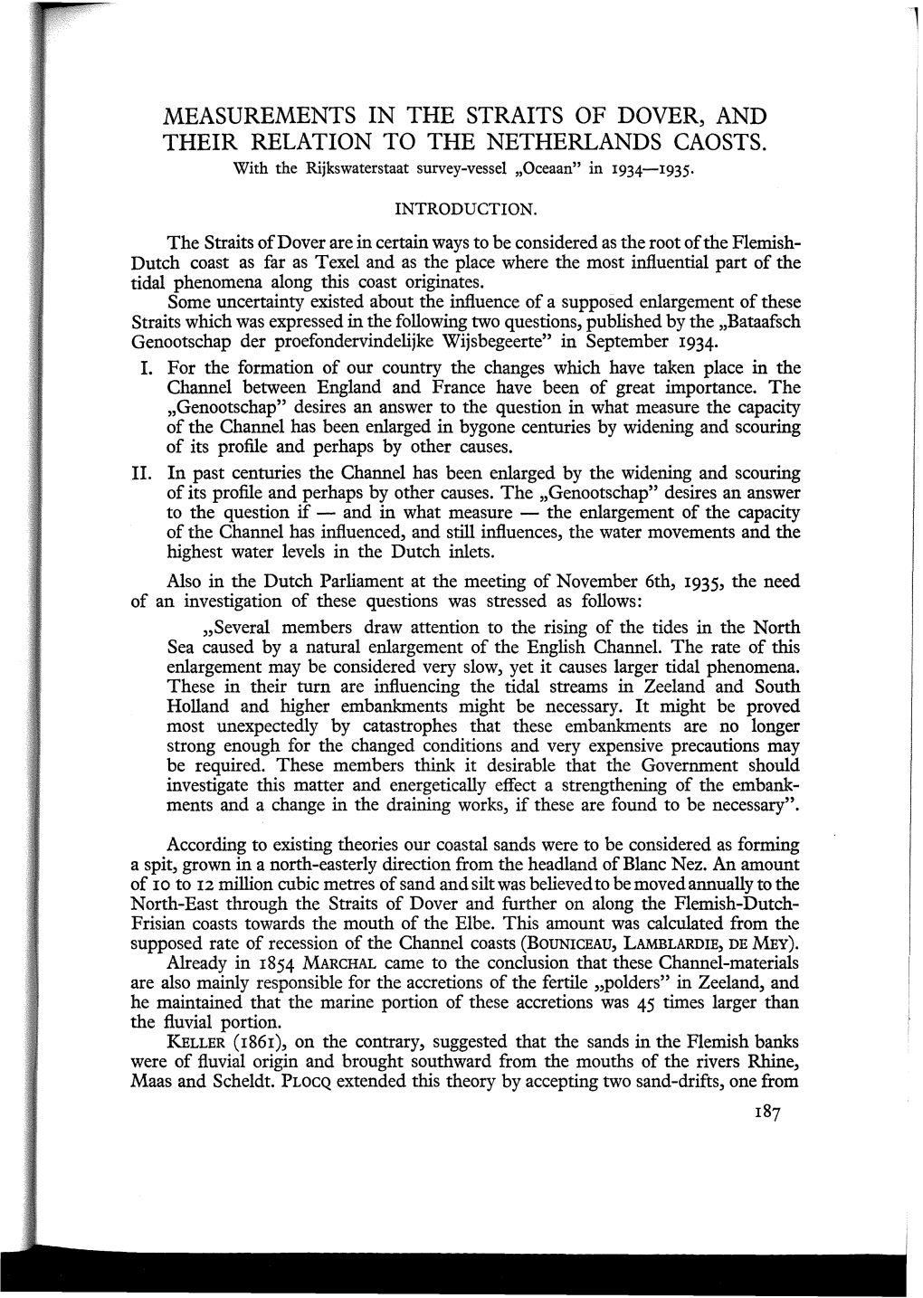 Measurements in the Straits of Dover, and Their Relation to the Netherlands Caosts