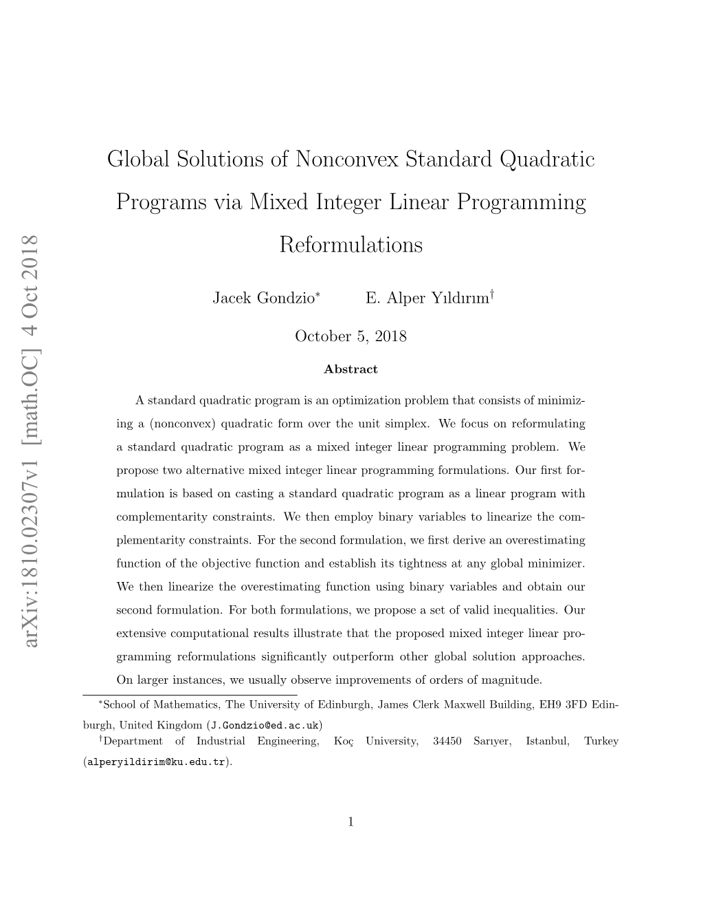 Global Solutions of Nonconvex Standard Quadratic Programs Via Mixed Integer Linear Programming Reformulations