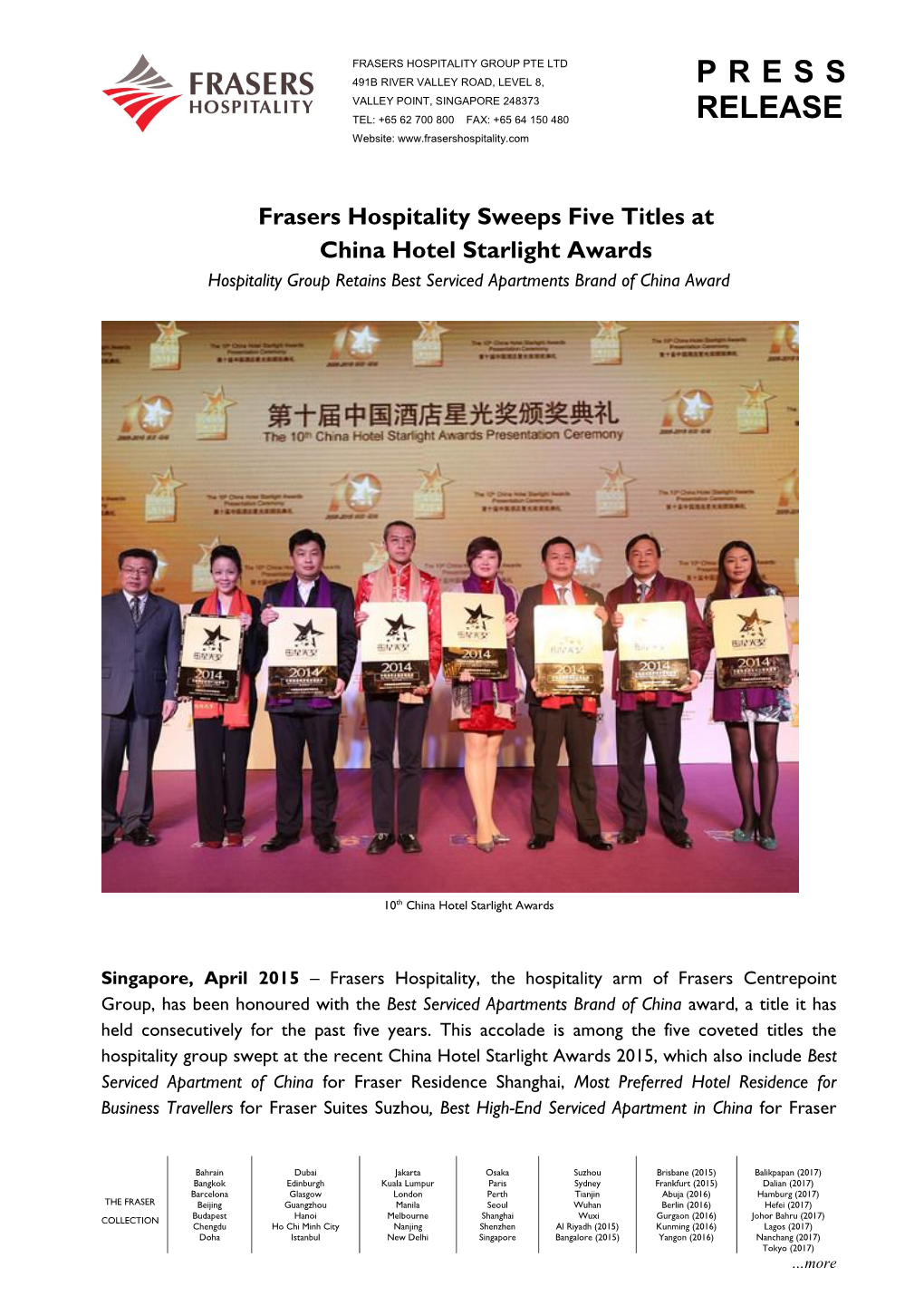 Frasers Hospitality Sweeps Five Titles at China Hotel Starlight Awards Hospitality Group Retains Best Serviced Apartments Brand of China Award