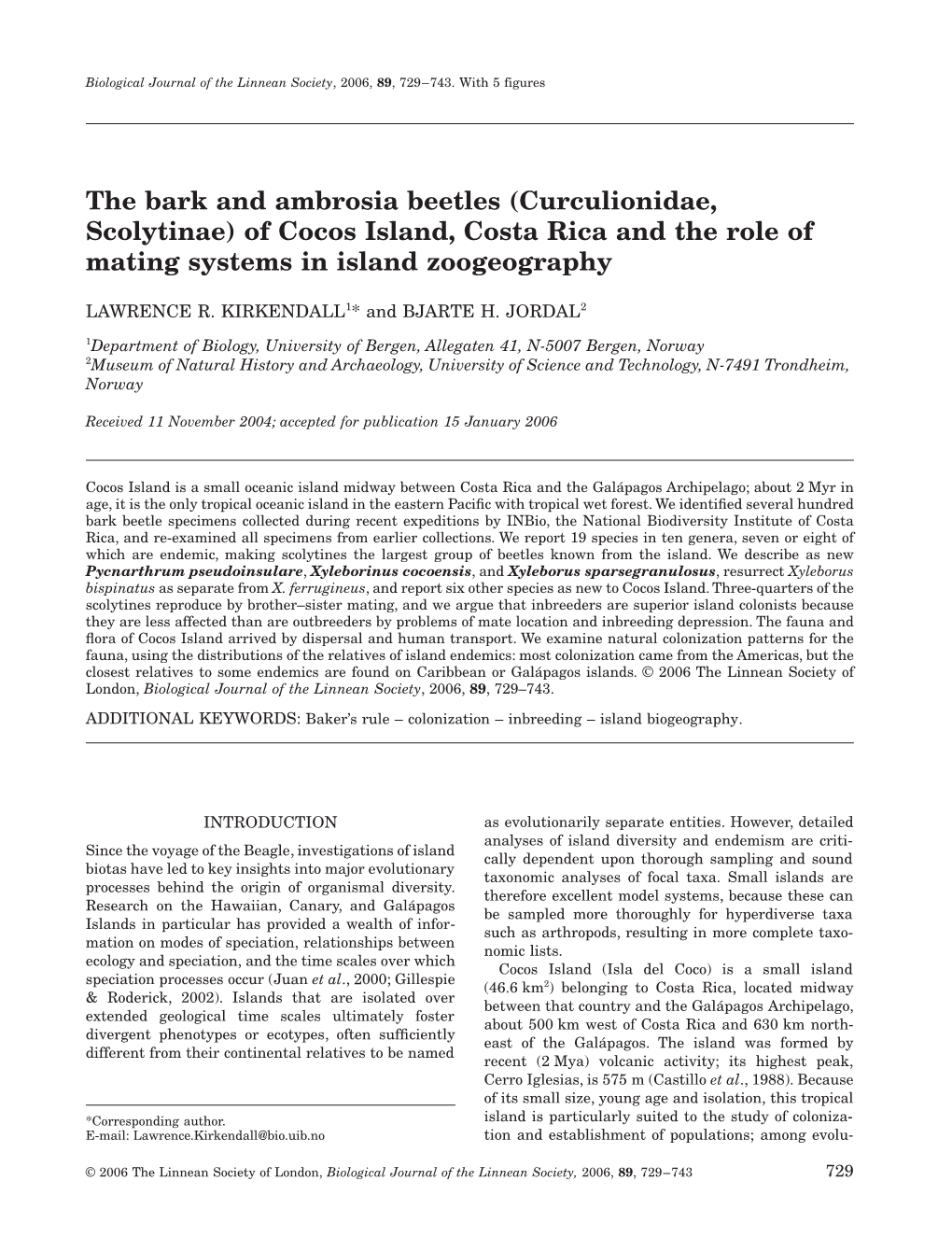 The Bark and Ambrosia Beetles (Curculionidae, Scolytinae) of Cocos Island, Costa Rica and the Role of Mating Systems in Island Zoogeography