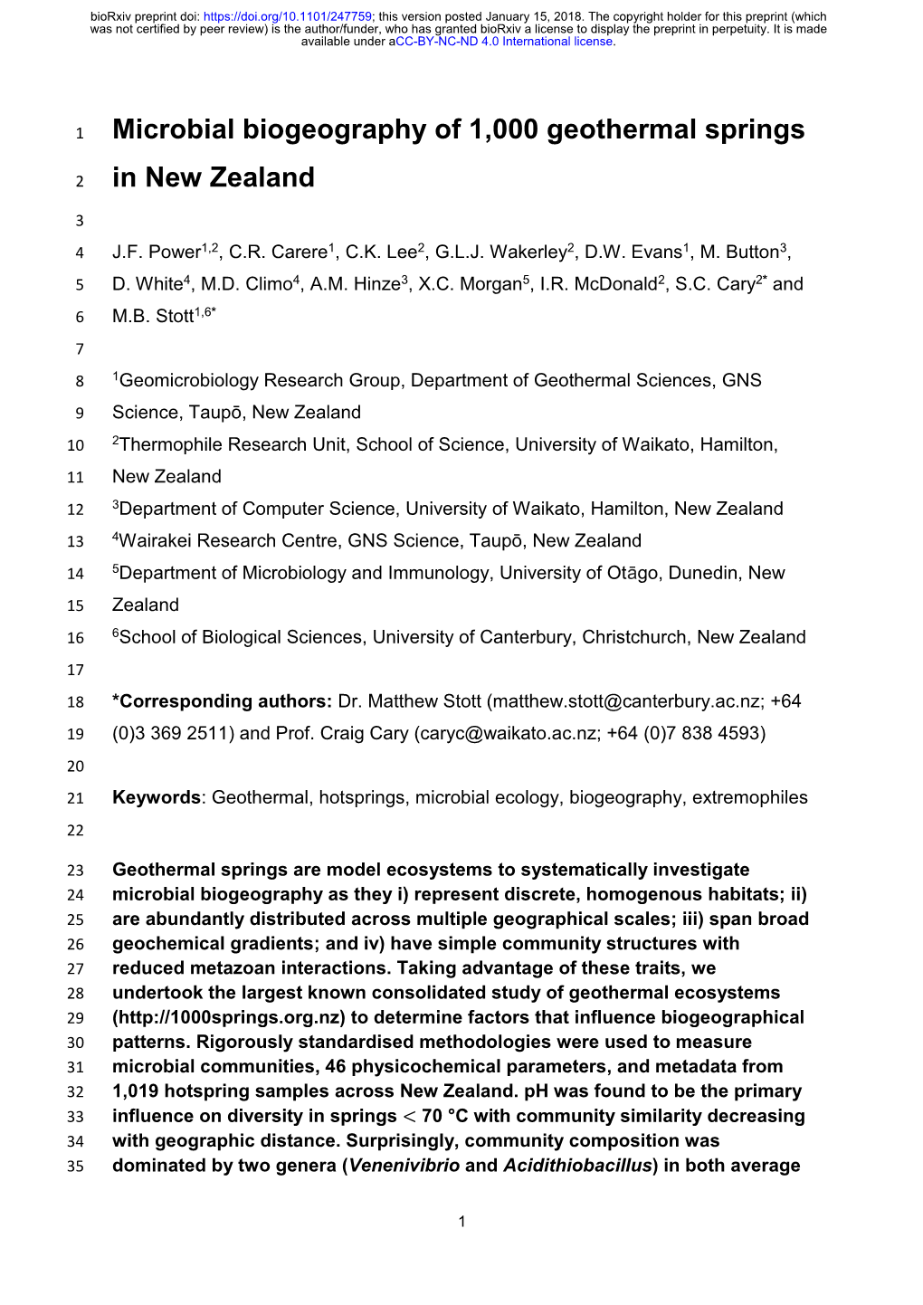 Microbial Biogeography of 1,000 Geothermal Springs in New Zealand