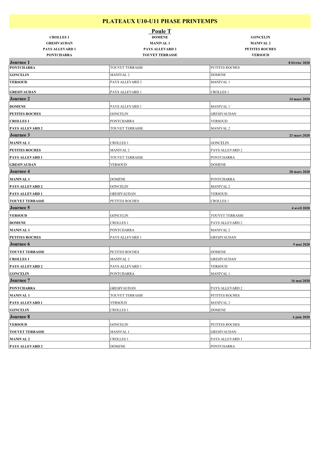 PLATEAUX U10-U11 PHASE PRINTEMPS Poule T