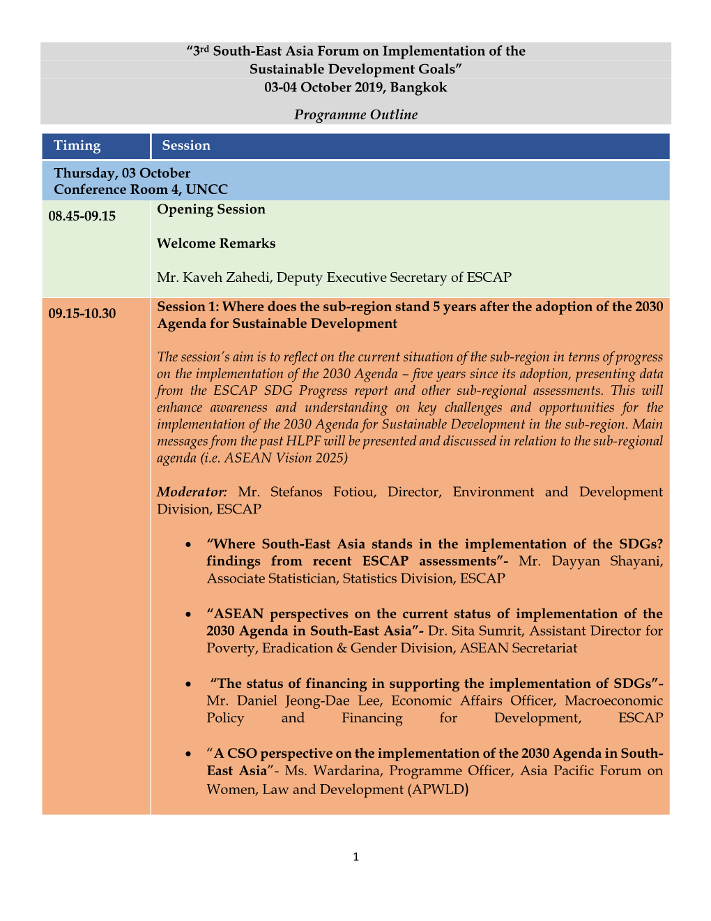 3Rd South-East Asia Forum on Implementation of the Sustainable Development Goals” 03-04 October 2019, Bangkok Programme Outline