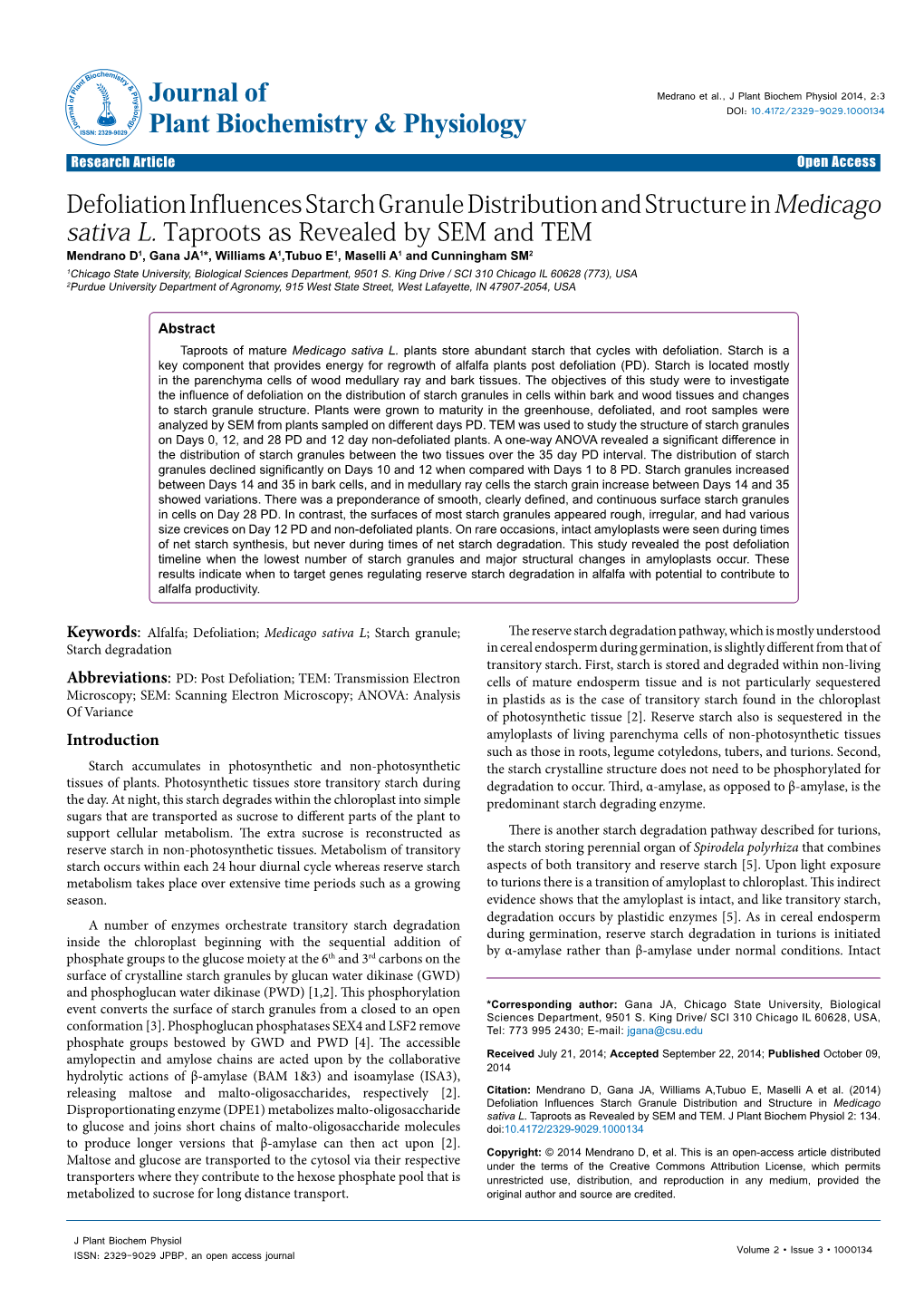 Defoliation Influences Starch Granule Distribution and Structure in Medicago Sativa L