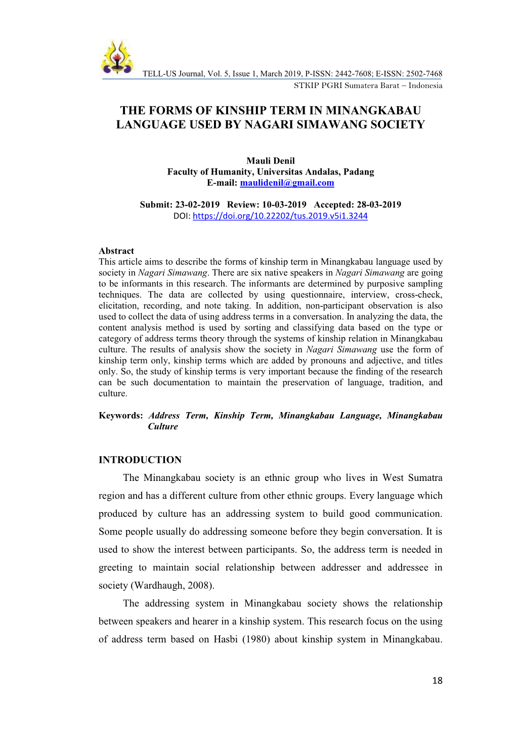 The Forms of Kinship Term in Minangkabau Language Used by Nagari Simawang Society