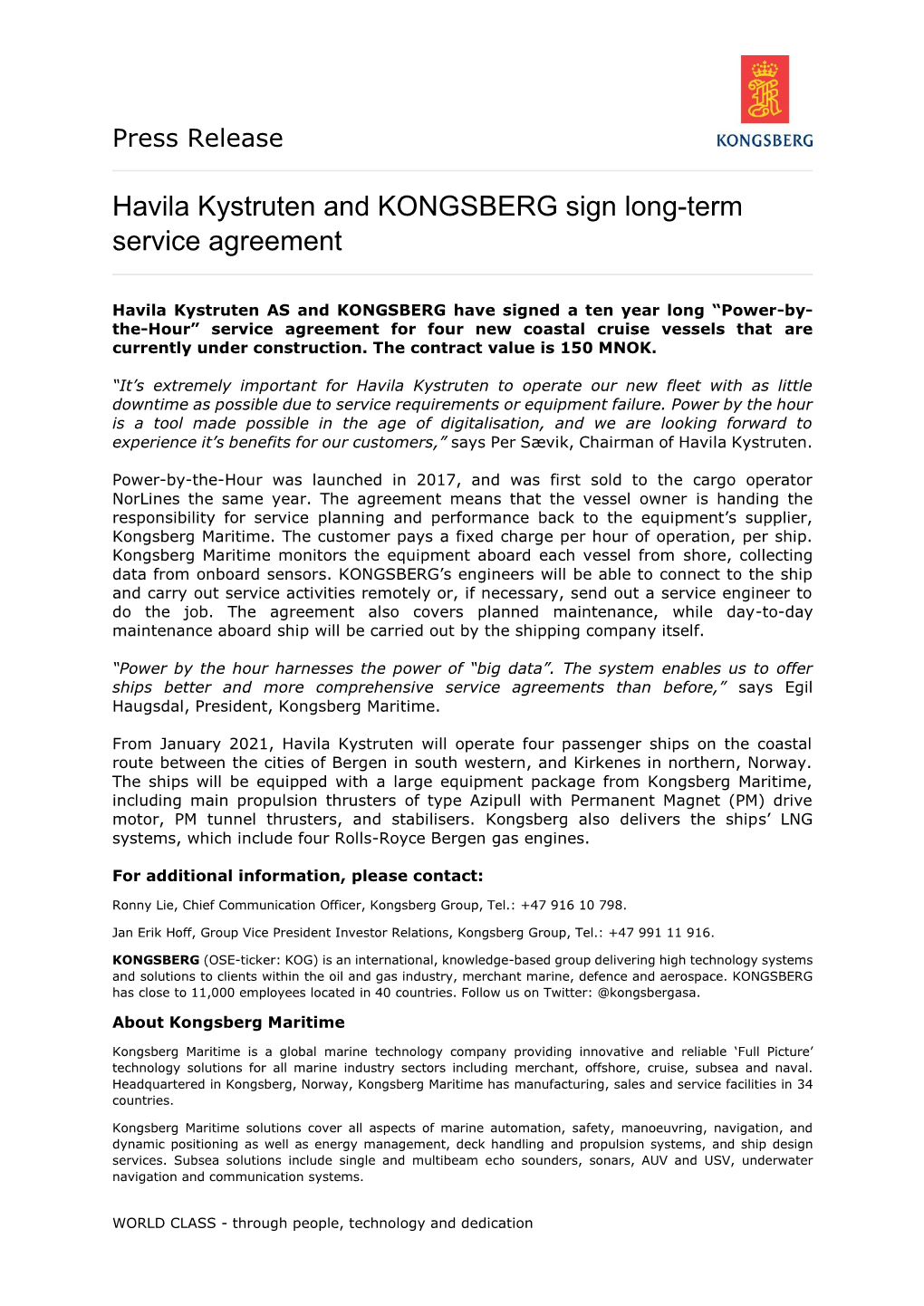 Havila Kystruten and KONGSBERG Sign Long-Term Service Agreement