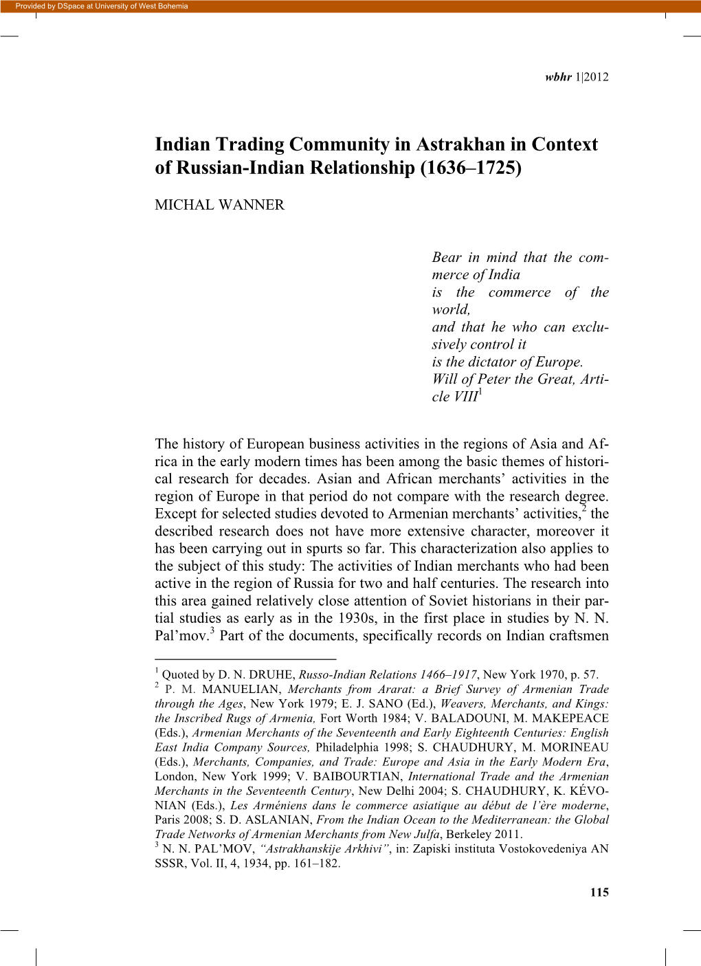 Indian Trading Community in Astrakhan in Context of Russian-Indian Relationship (1636–1725)