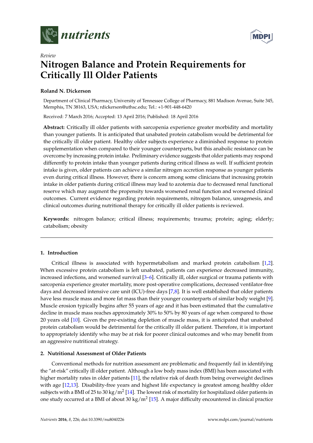 Nitrogen Balance and Protein Requirements for Critically Ill Older Patients