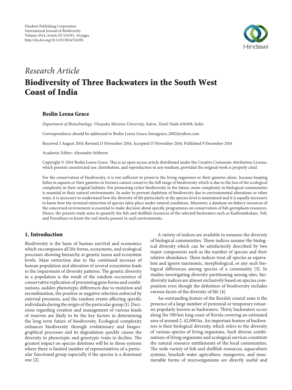 Biodiversity of Three Backwaters in the South West Coast of India