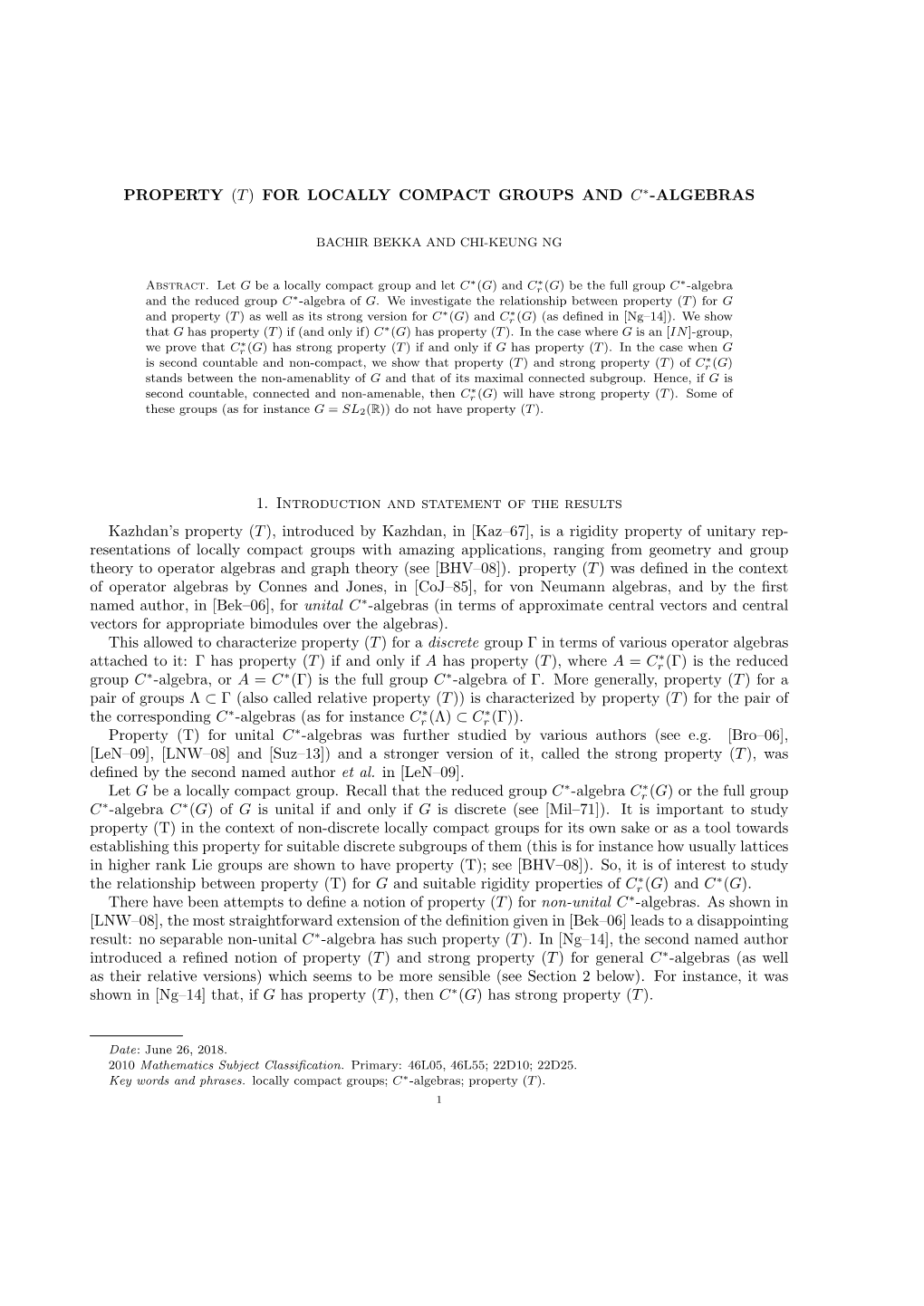 Property (T) for Locally Compact Groups and C∗-Algebras