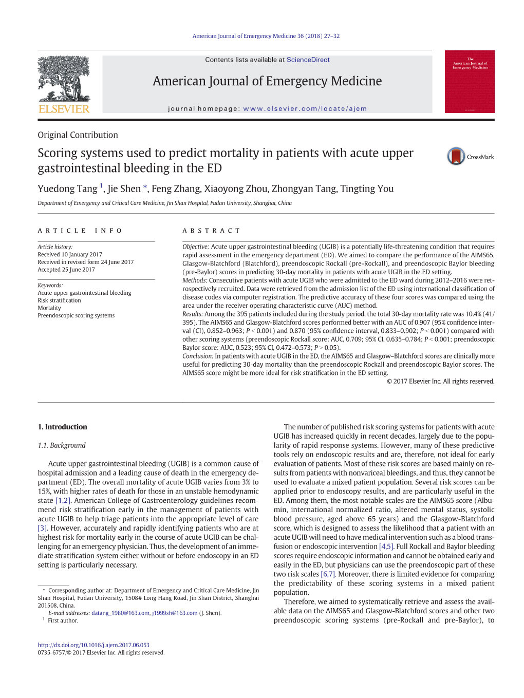 Scoring Systems Used to Predict Mortality in Patients with Acute Upper Gastrointestinal Bleeding in the ED