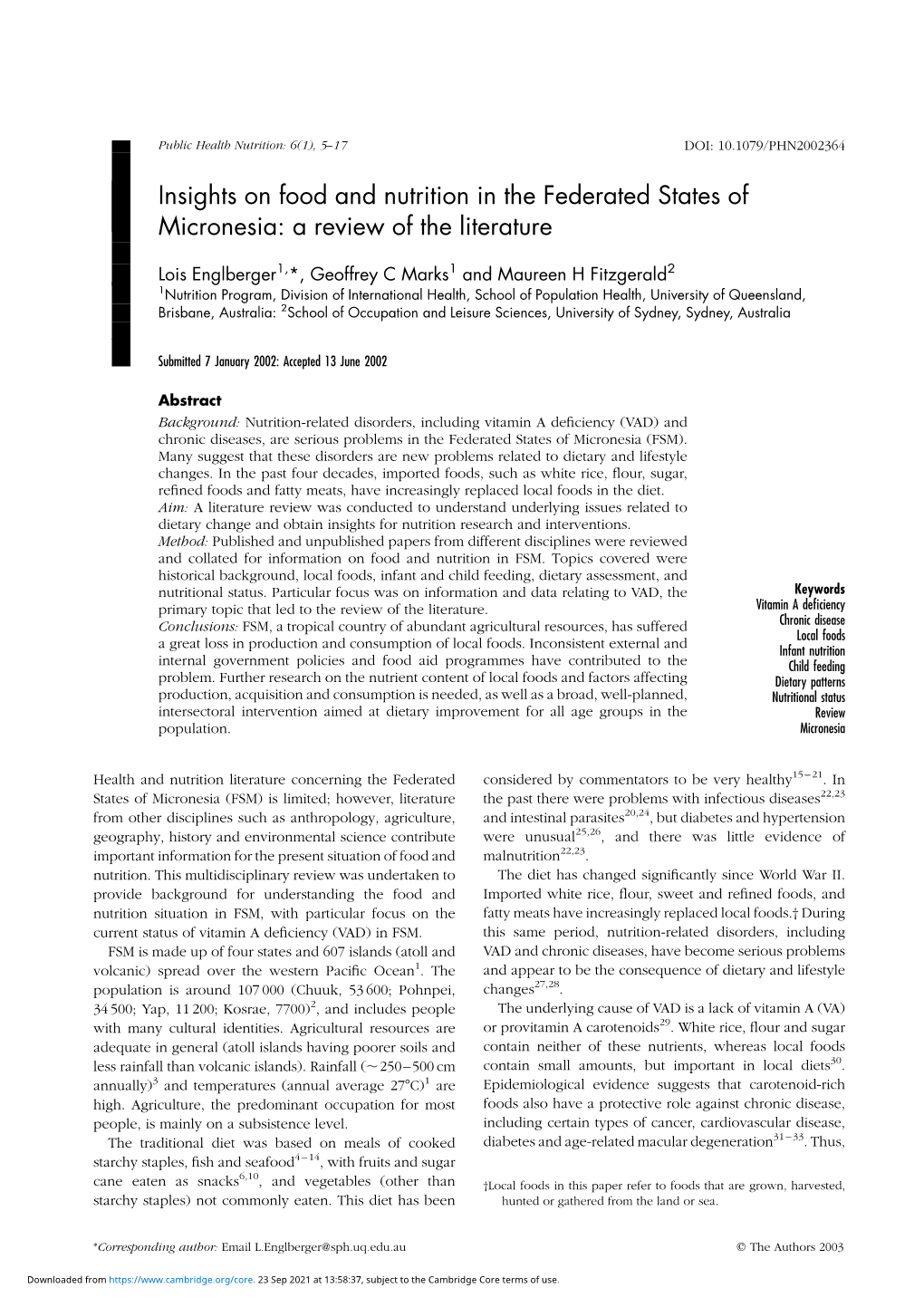 Insights on Food and Nutrition in the Federated States of Micronesia: a Review of the Literature