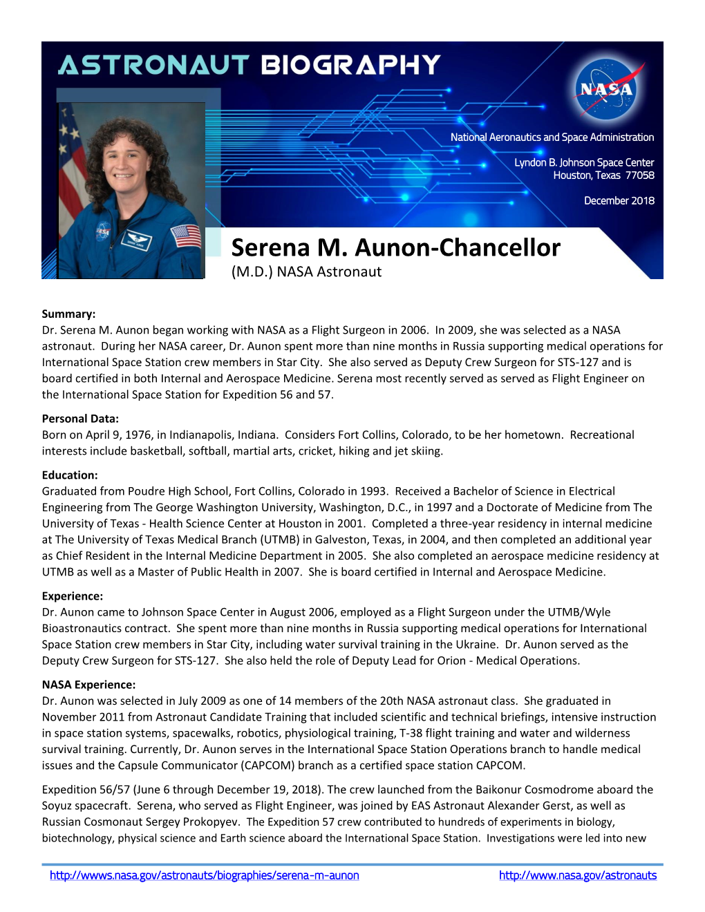 Serena M. Aunon-Chancellor (M.D.) NASA Astronaut
