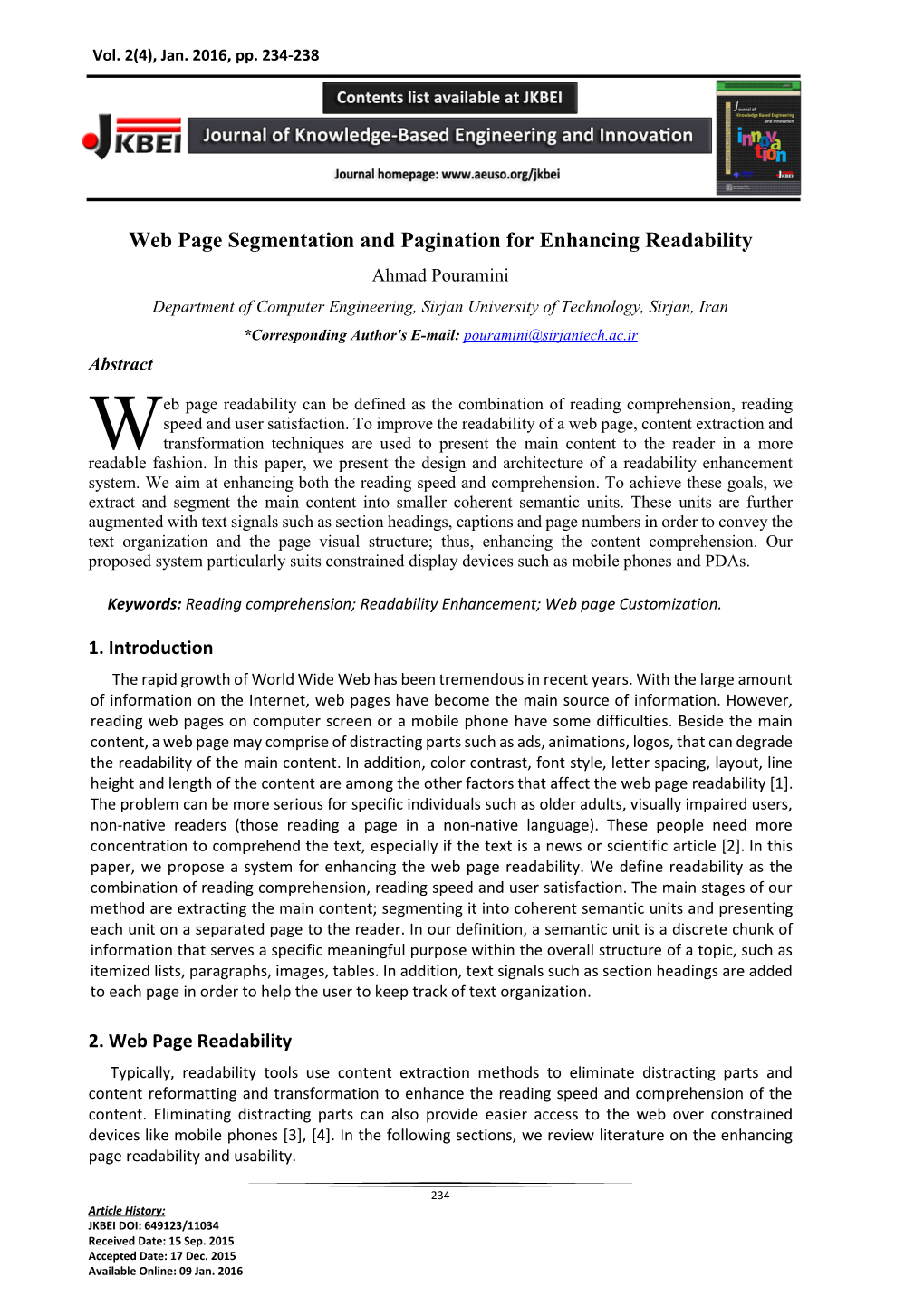 Web Page Segmentation and Pagination for Enhancing Readability