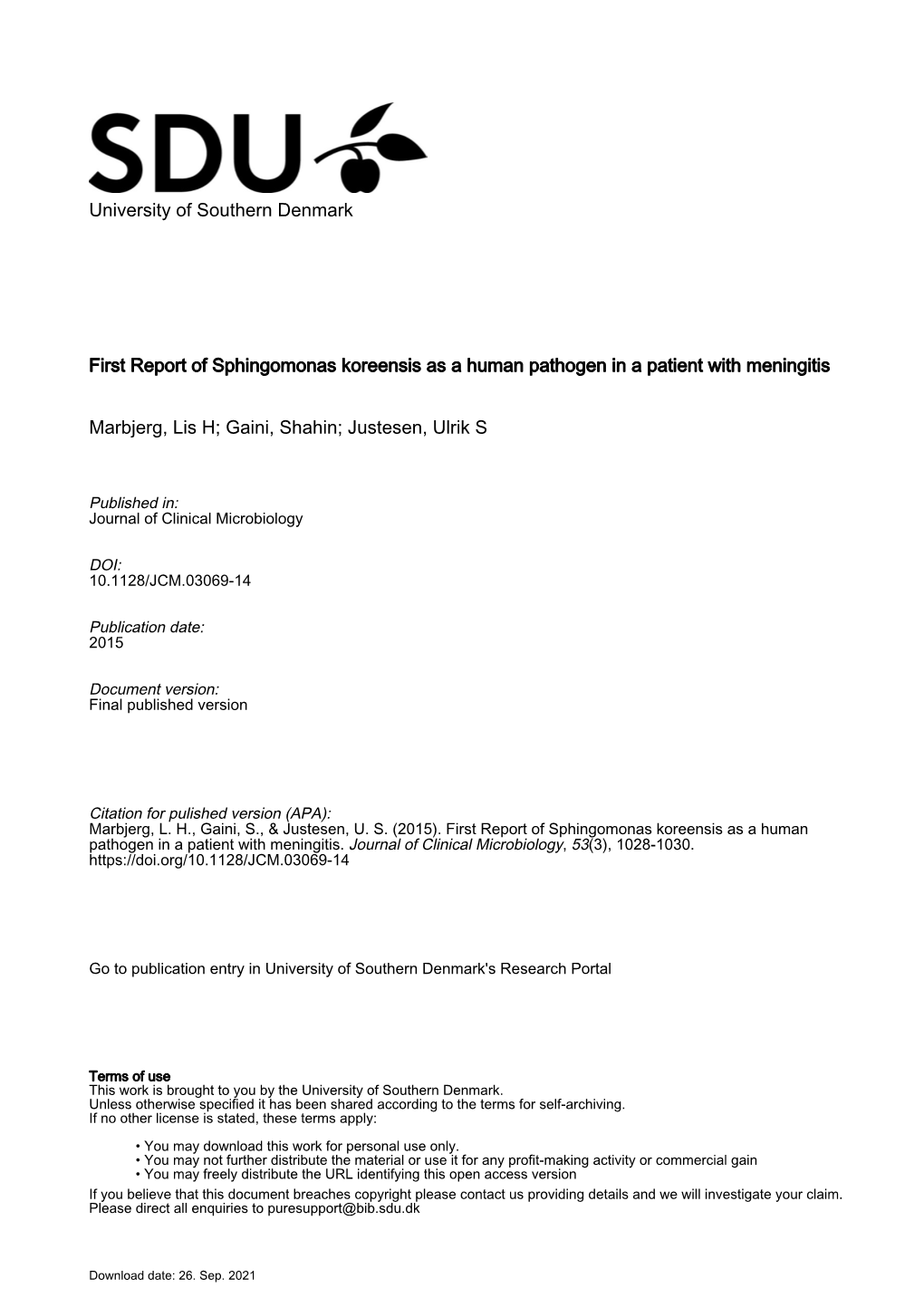 First Report of Sphingomonas Koreensis As a Human Pathogen in a Patient with Meningitis
