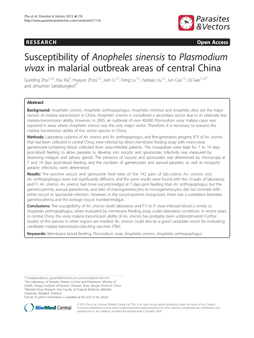 Susceptibility of Anopheles Sinensis to Plasmodium Vivax in Malarial