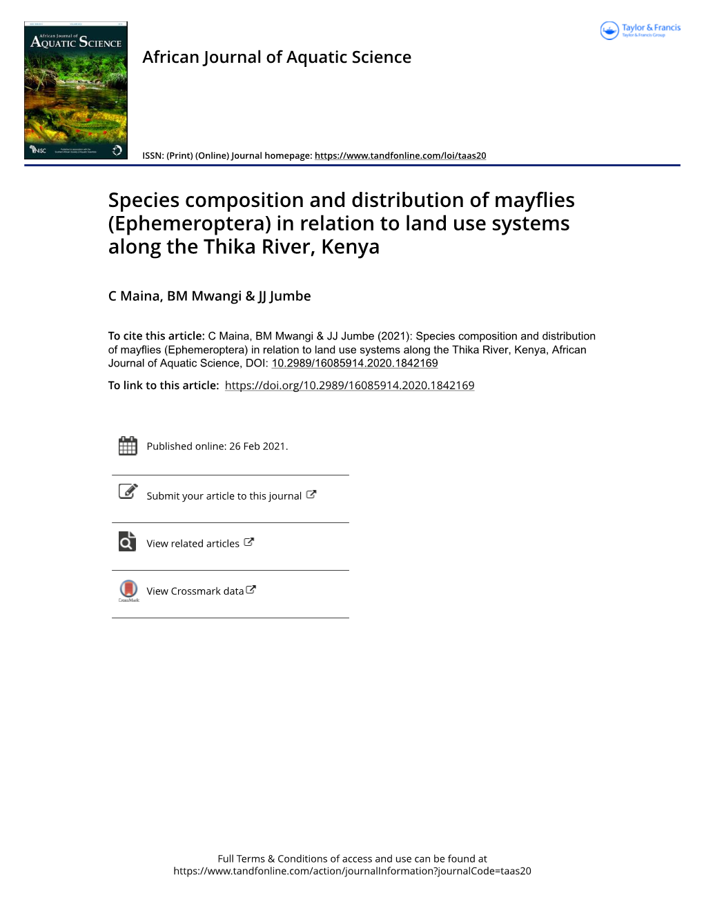 Species Composition and Distribution of Mayflies (Ephemeroptera) in Relation to Land Use Systems Along the Thika River, Kenya