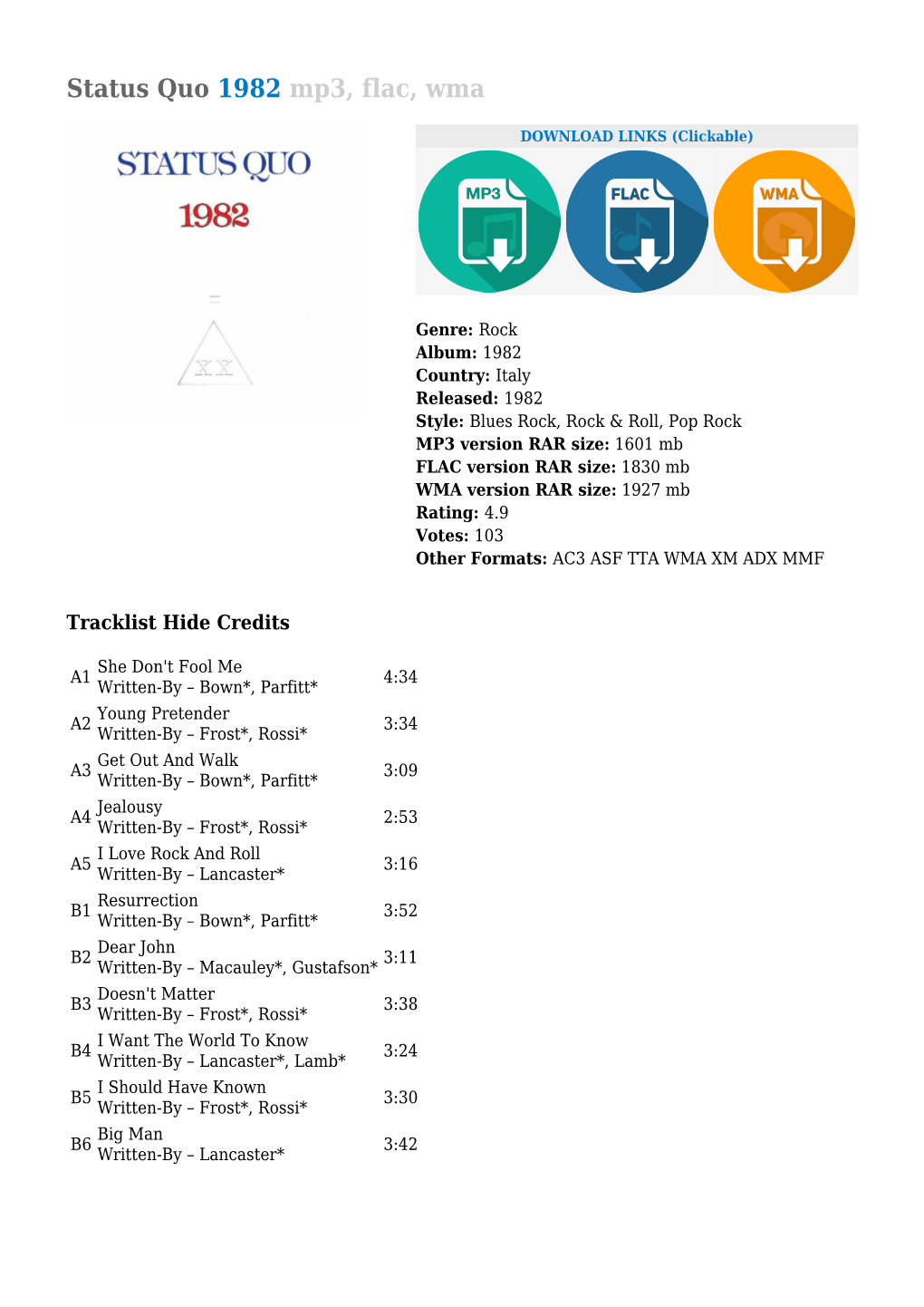 Status Quo 1982 Mp3, Flac, Wma