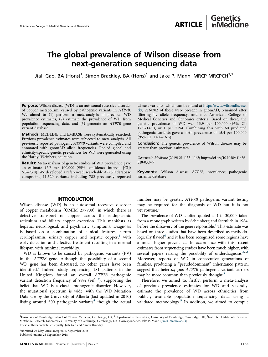 The Global Prevalence of Wilson Disease from Next-Generation Sequencing Data