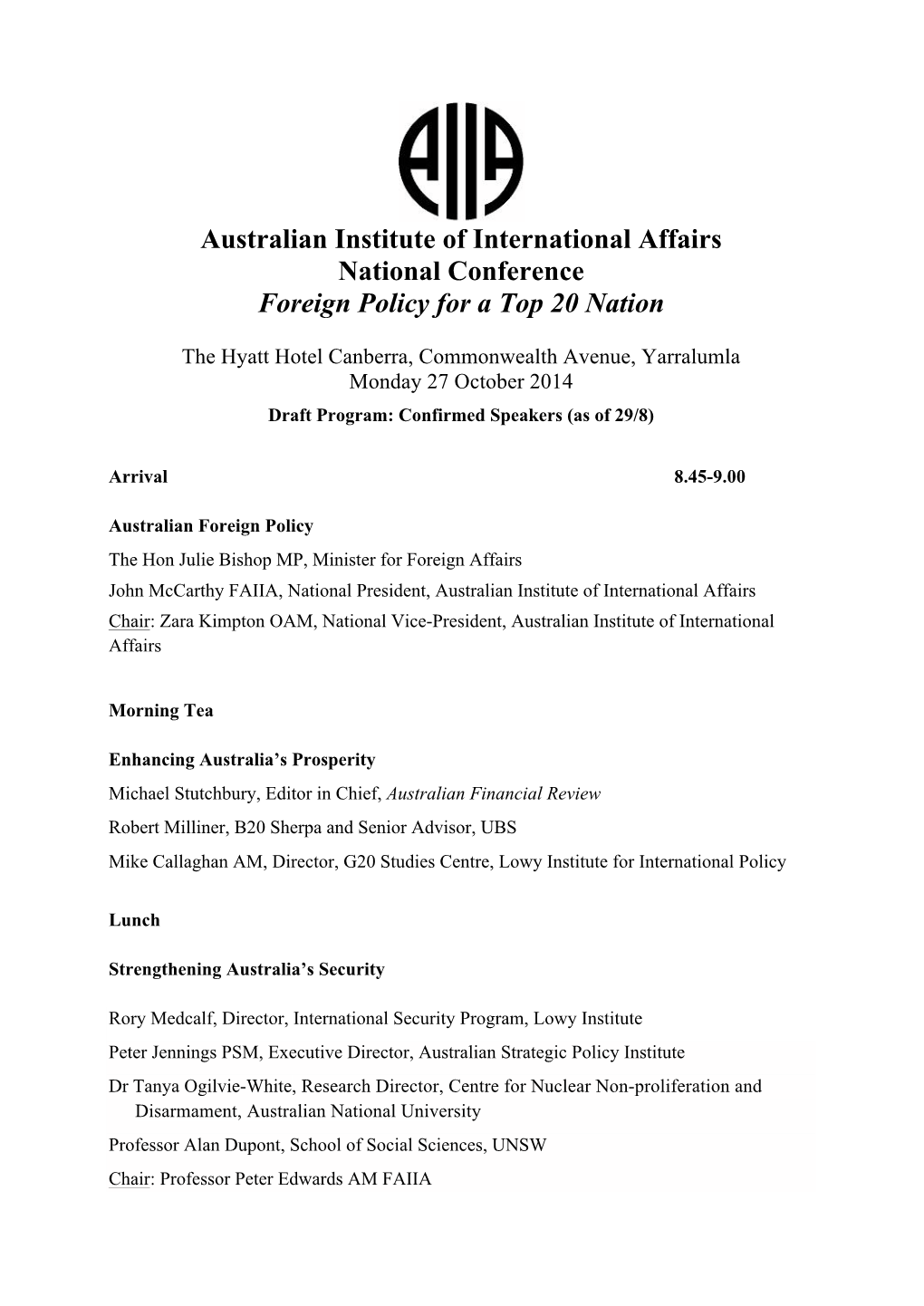 Australian Institute of International Affairs National Conference Foreign Policy for a Top 20 Nation