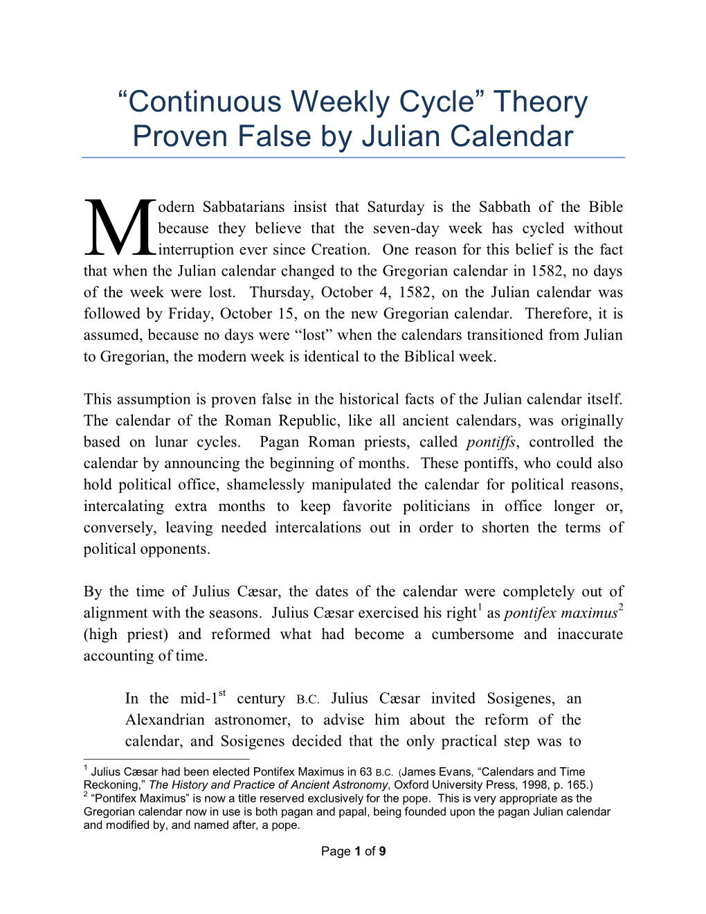 “Continuous Weekly Cycle” Theory Proven False by Julian Calendar