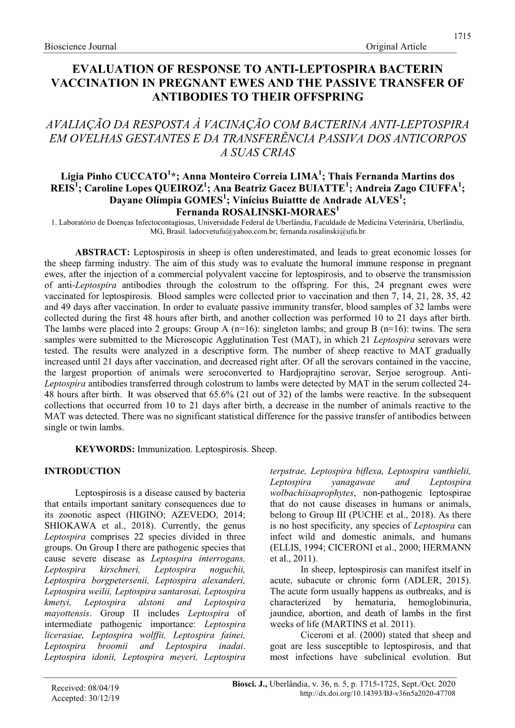 Evaluation of Response to Anti-Leptospira Bacterin Vaccination in Pregnant Ewes and the Passive Transfer of Antibodies to Their Offspring