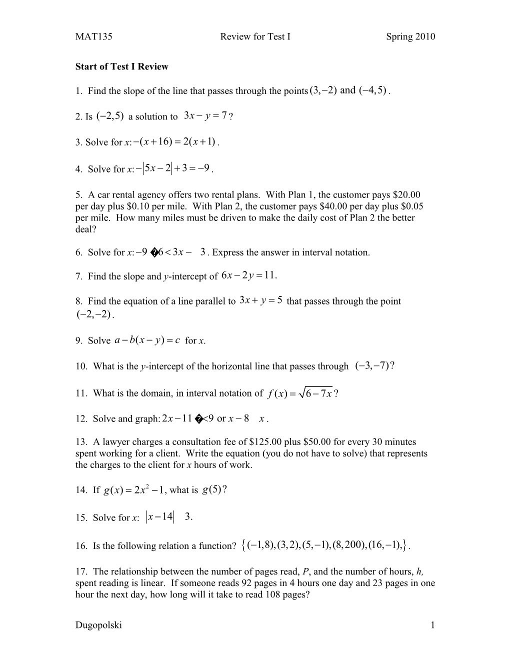 MAT135 Review for Test I Spring 2010