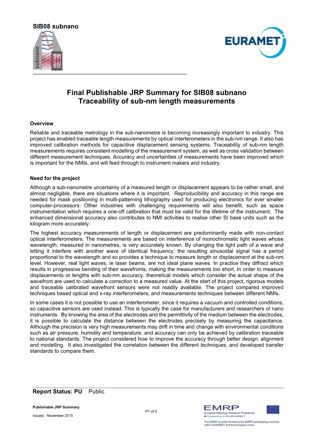 Final Publishable JRP Summary for SIB08 Subnano Traceability of Sub-Nm Length Measurements