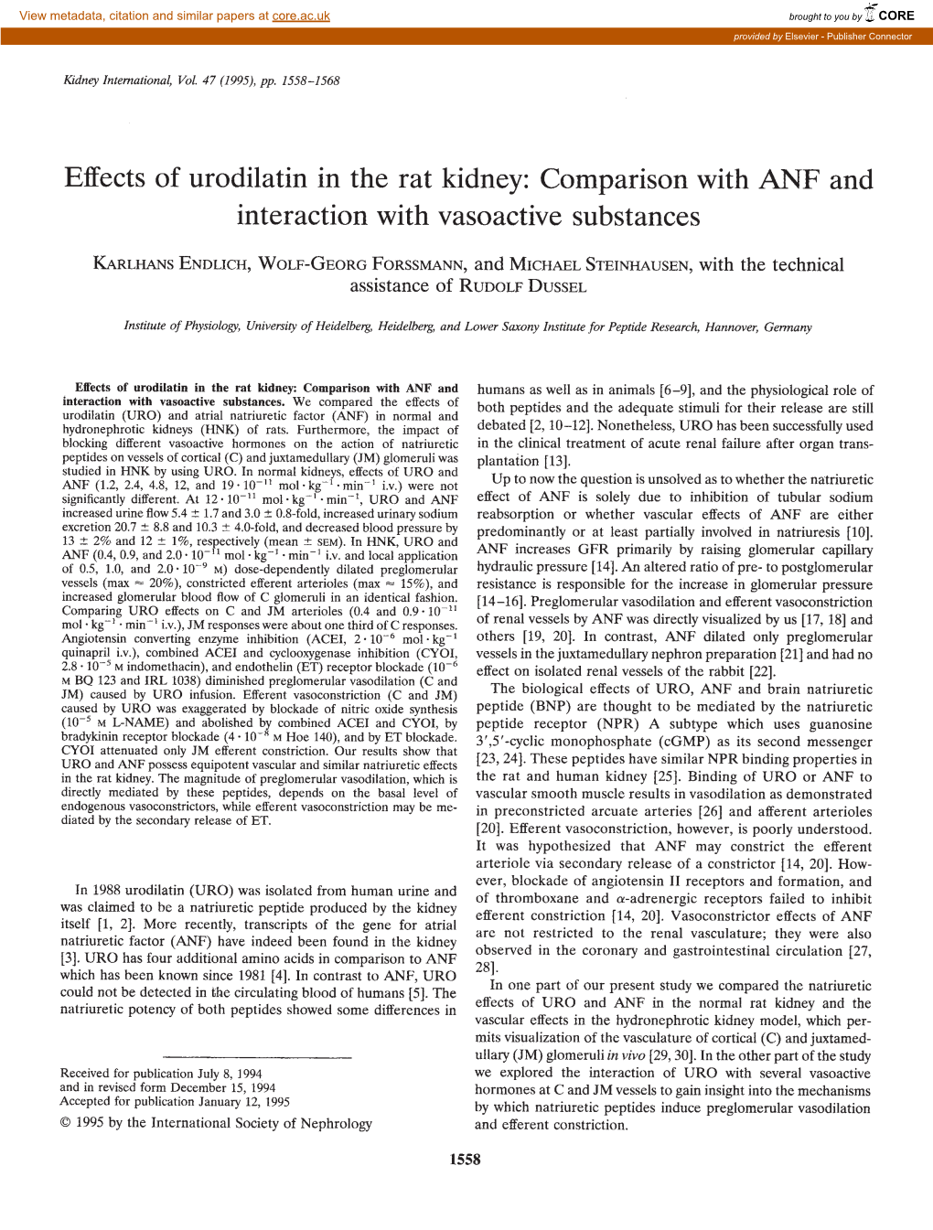 Effects of Urodilatin in the Rat Kidney: Comparison with Anfand Interaction with Vasoactive Substances