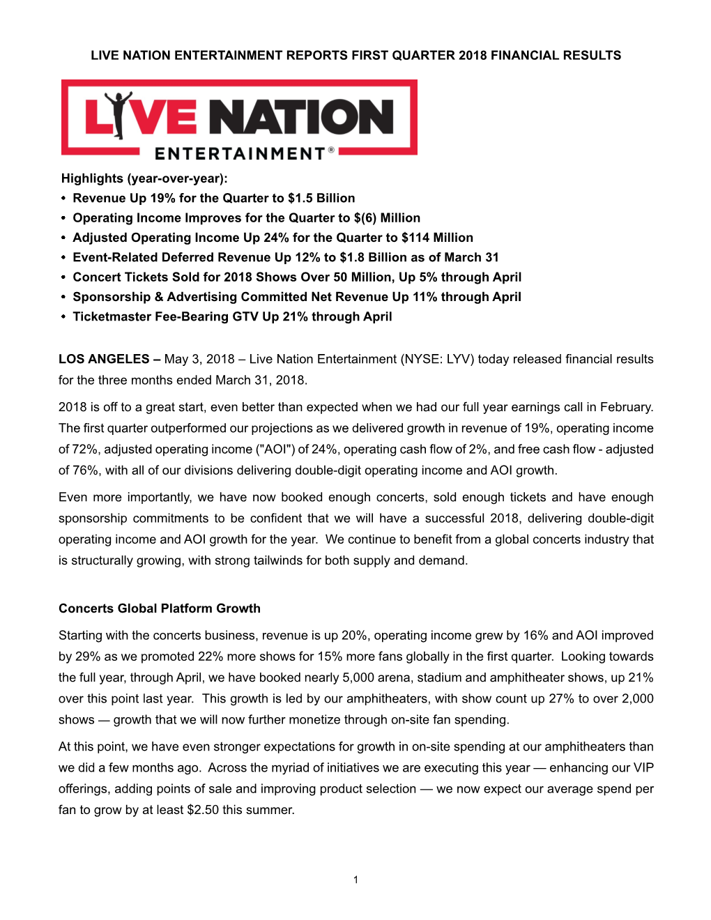 Live Nation Entertainment Reports First Quarter 2018 Financial Results