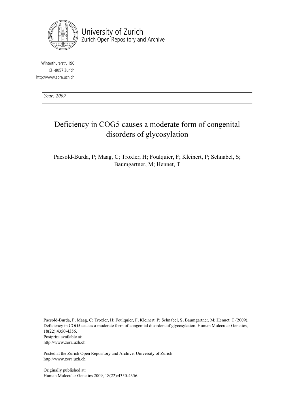 'Deficiency in COG5 Causes a Moderate Form of Congenital