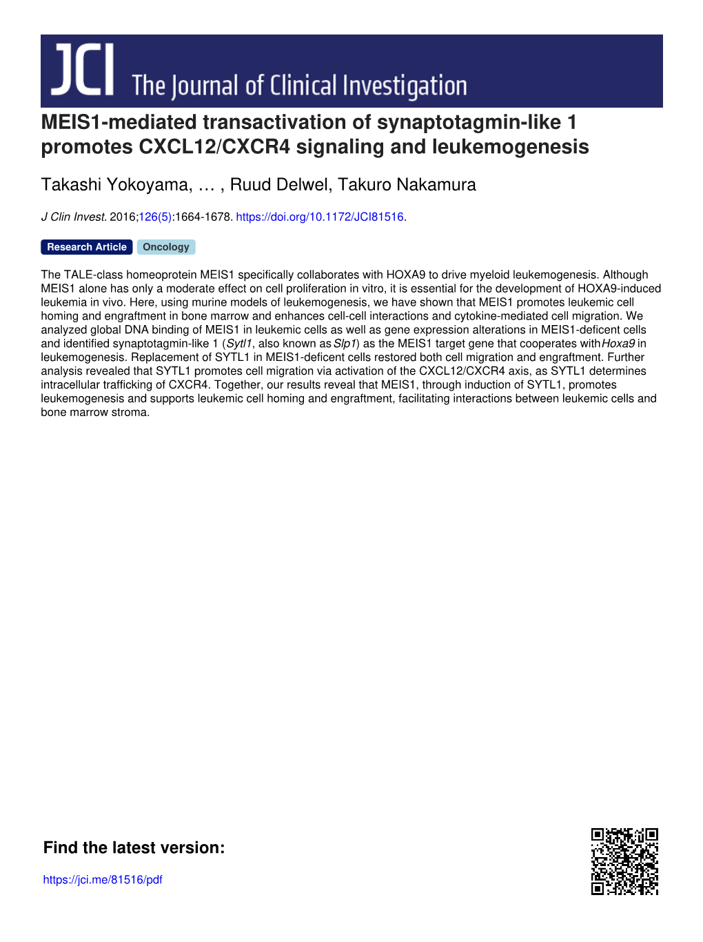 MEIS1-Mediated Transactivation of Synaptotagmin-Like 1 Promotes CXCL12/CXCR4 Signaling and Leukemogenesis